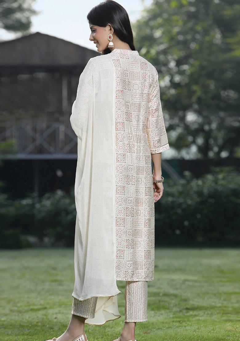 Off White Printed Muslin Salwar Kameez With Dupatta