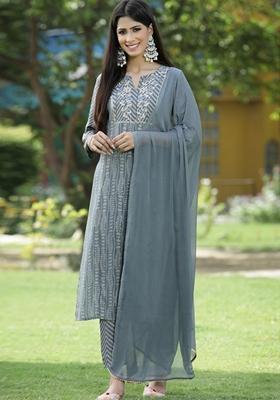 Grey Embroidered Muslin Salwar Kameez With Dupatta