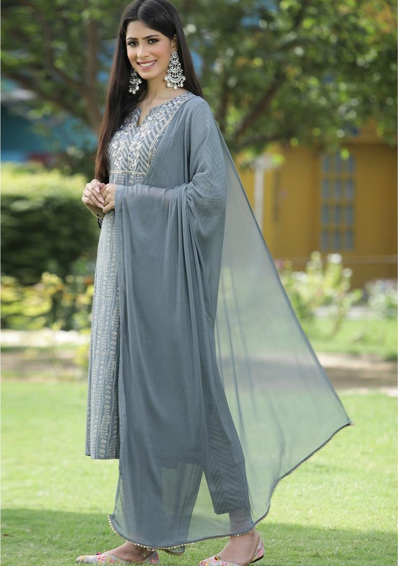 Grey Embroidered Muslin Salwar Kameez With Dupatta