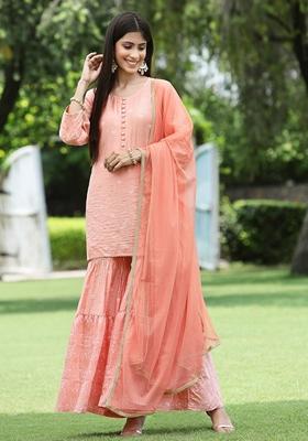 Peach Printed Muslin Sharara Set With Dupatta
