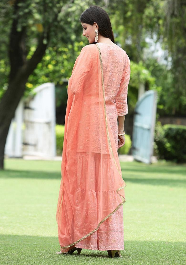Peach Printed Muslin Sharara Set With Dupatta