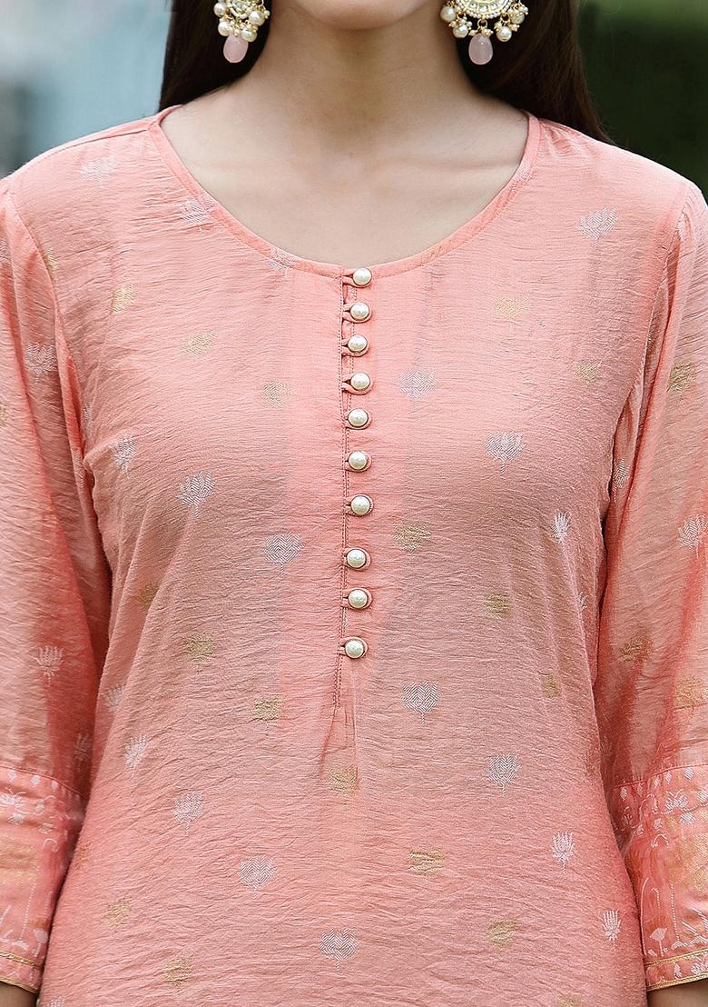 Peach Printed Muslin Sharara Set With Dupatta