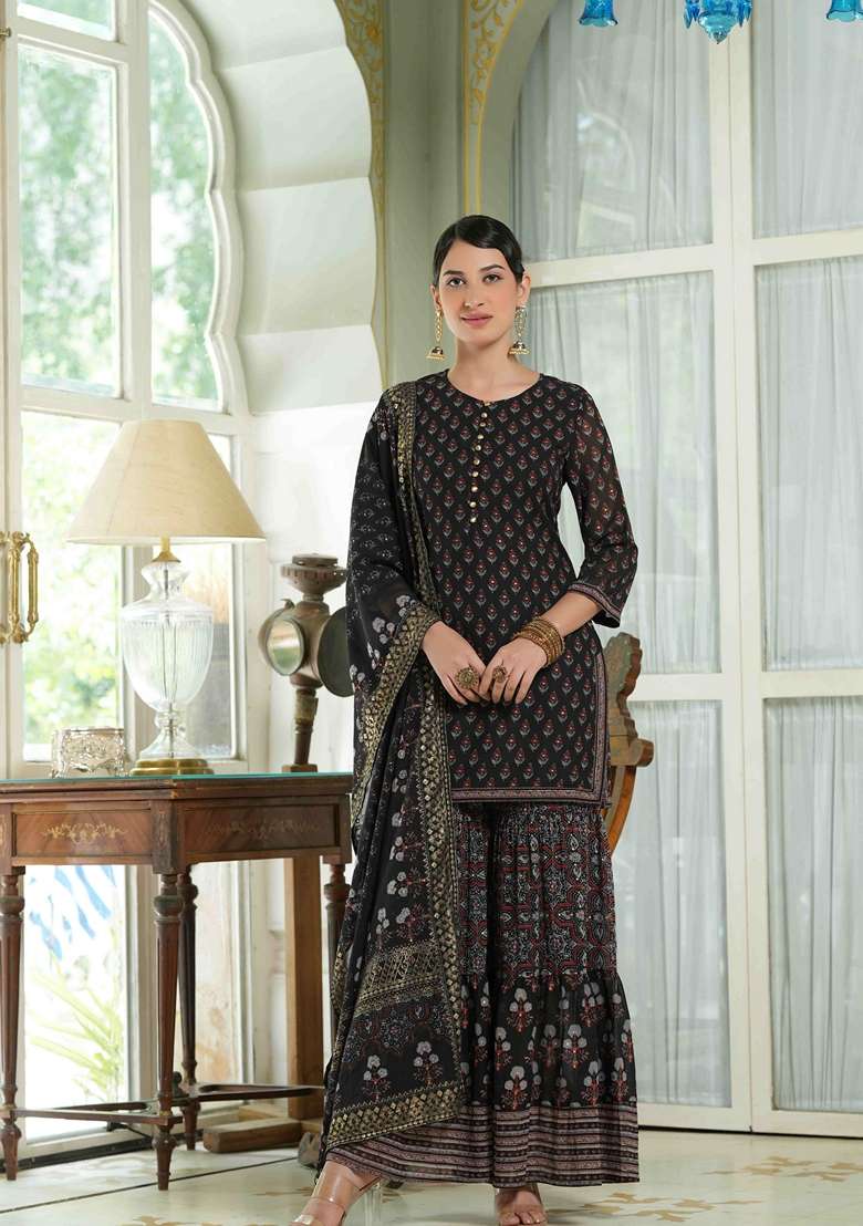 Black Printed Georgette Sharara Set With Dupatta - Indya