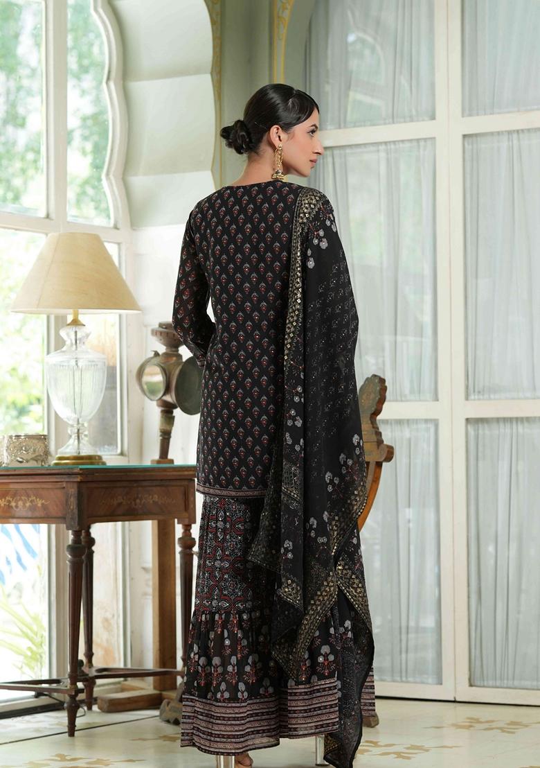 Black Printed Georgette Sharara Set With Dupatta