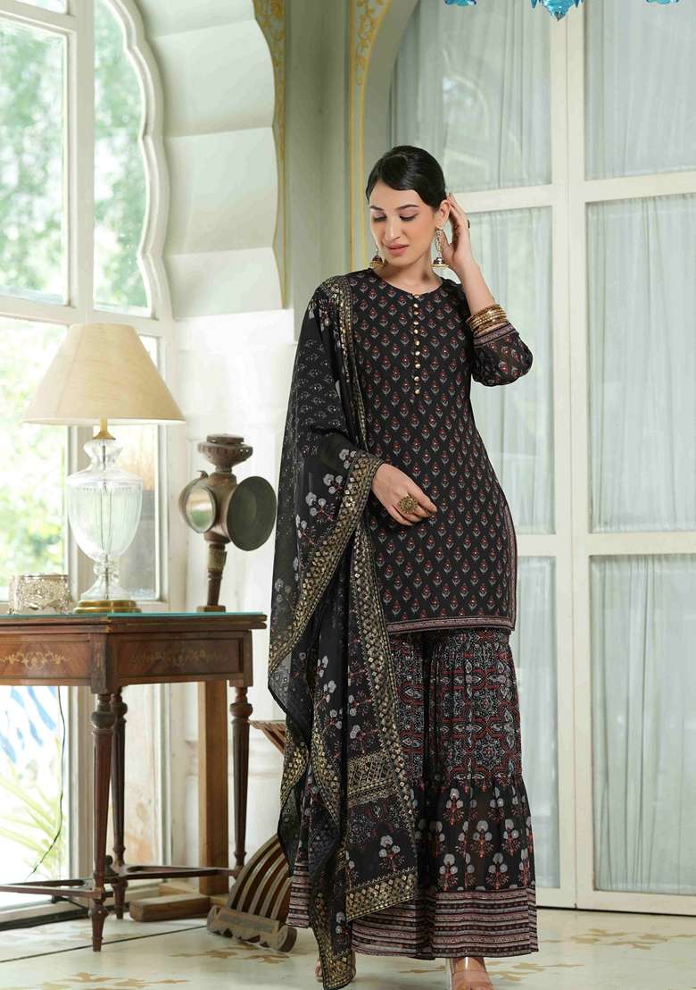 Black Printed Georgette Sharara Set With Dupatta - Indya