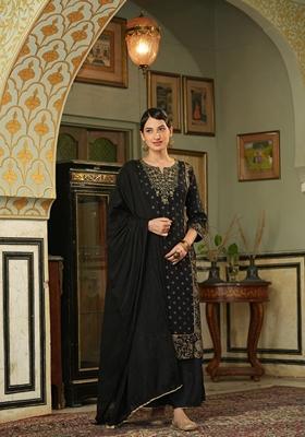 Black Embroidered Rayon Palazzo Set With Dupatta