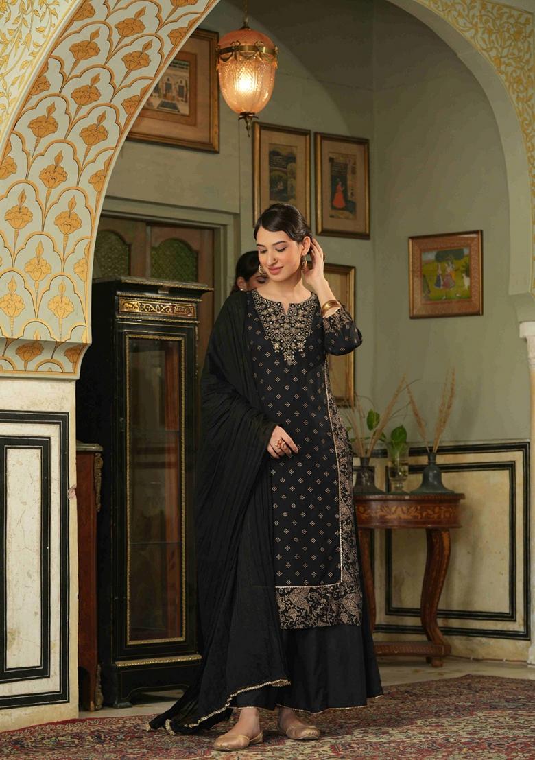 Black Embroidered Rayon Palazzo Set With Dupatta
