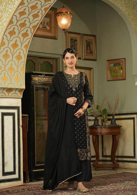 Black Embroidered Rayon Palazzo Set With Dupatta