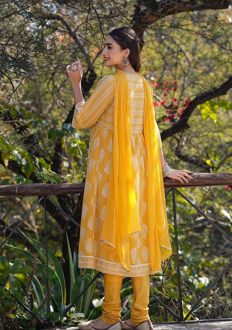 Yellow Printed Georgette Salwar Kameez With Dupatta