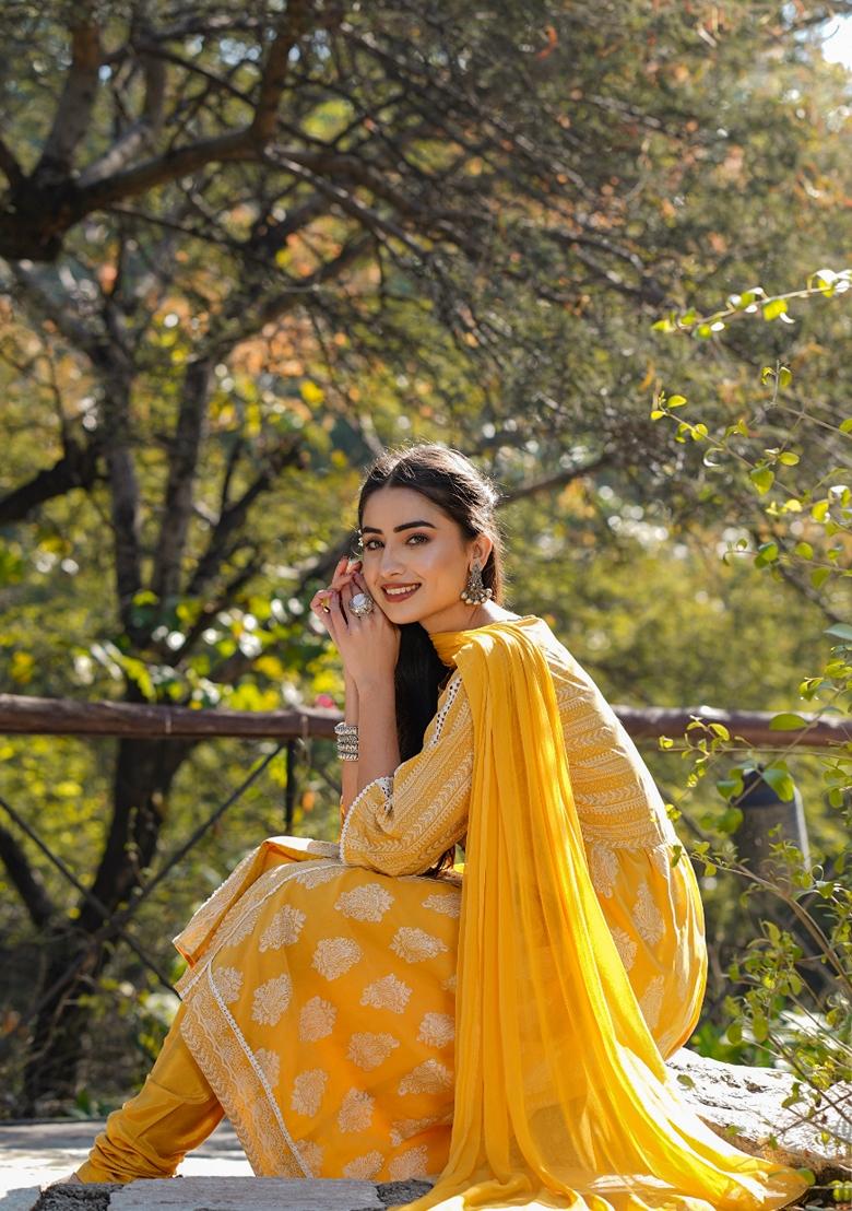 Yellow Printed Georgette Salwar Kameez With Dupatta