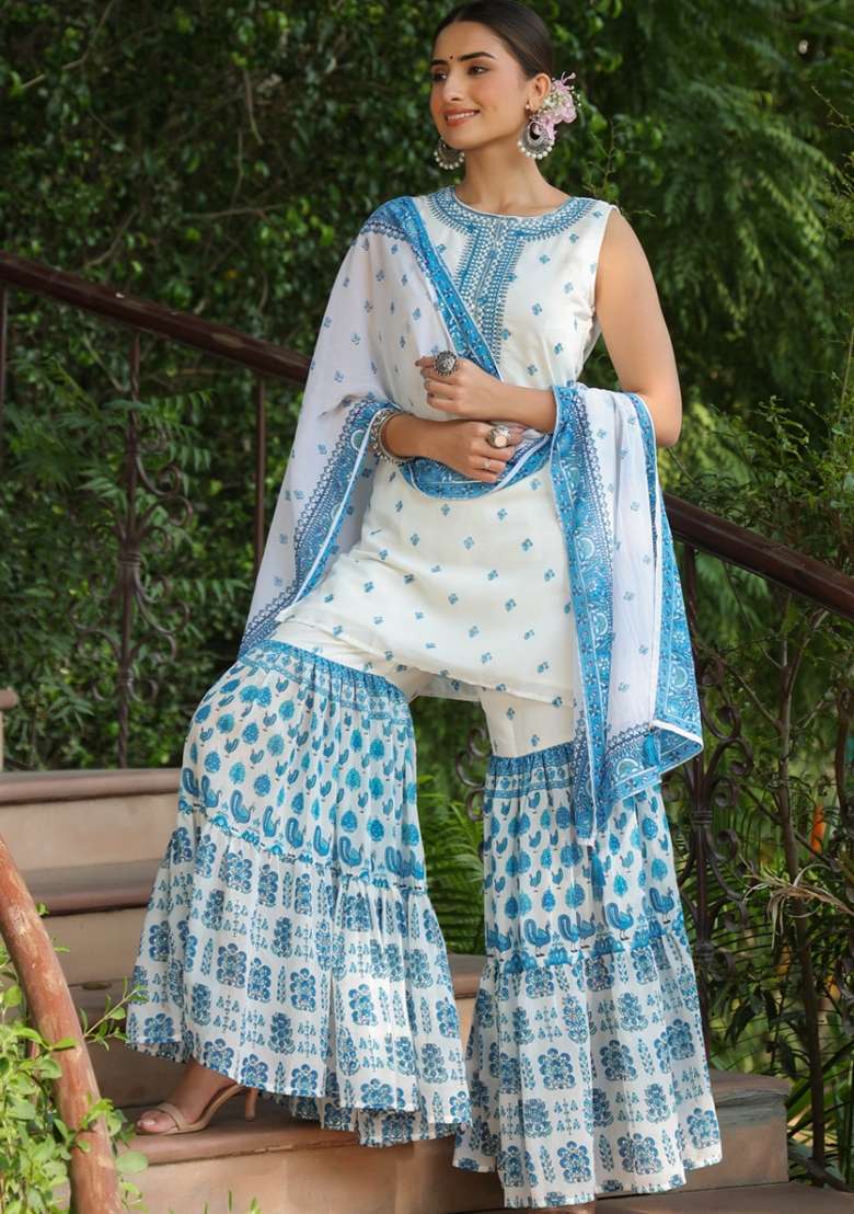White Embroidered Georgette Sharara Set With Dupatta - Indya