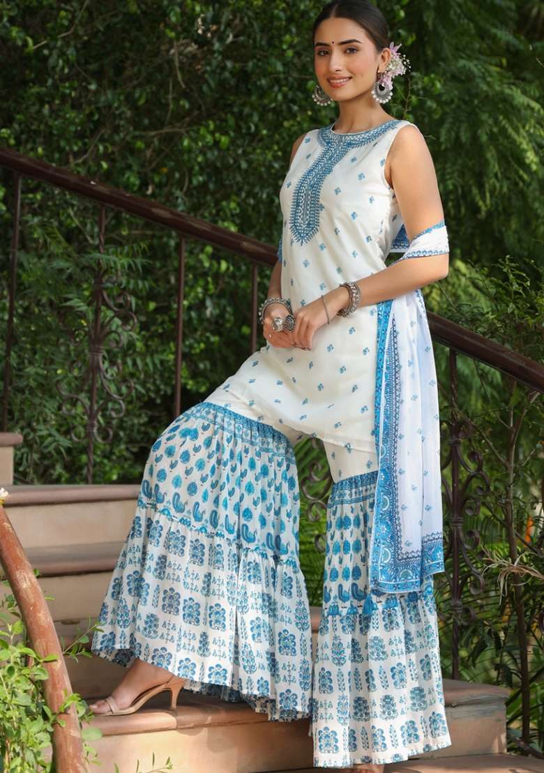 White Embroidered Georgette Sharara Set With Dupatta - Indya
