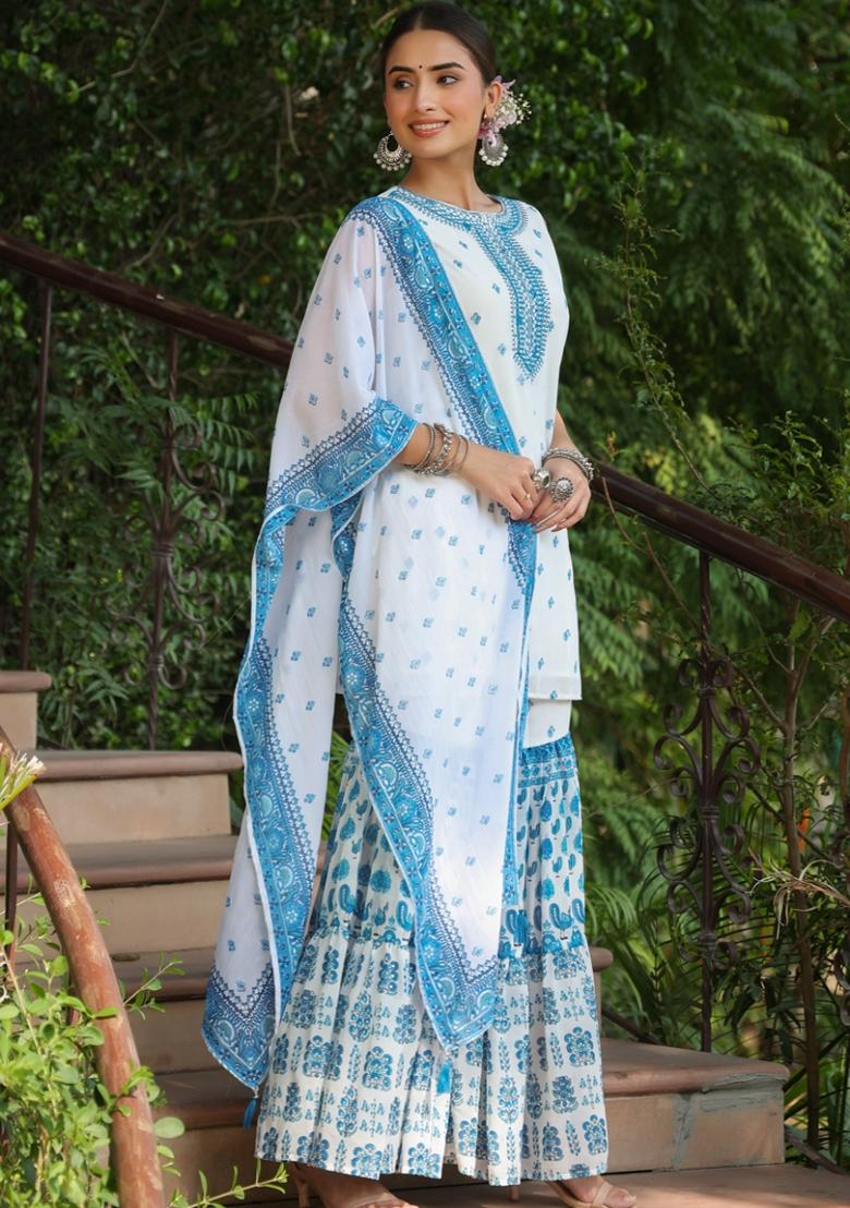 White Embroidered Georgette Sharara Set With Dupatta