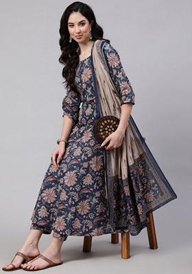 Blue Printed Cotton Salwar Kameez With Dupatta