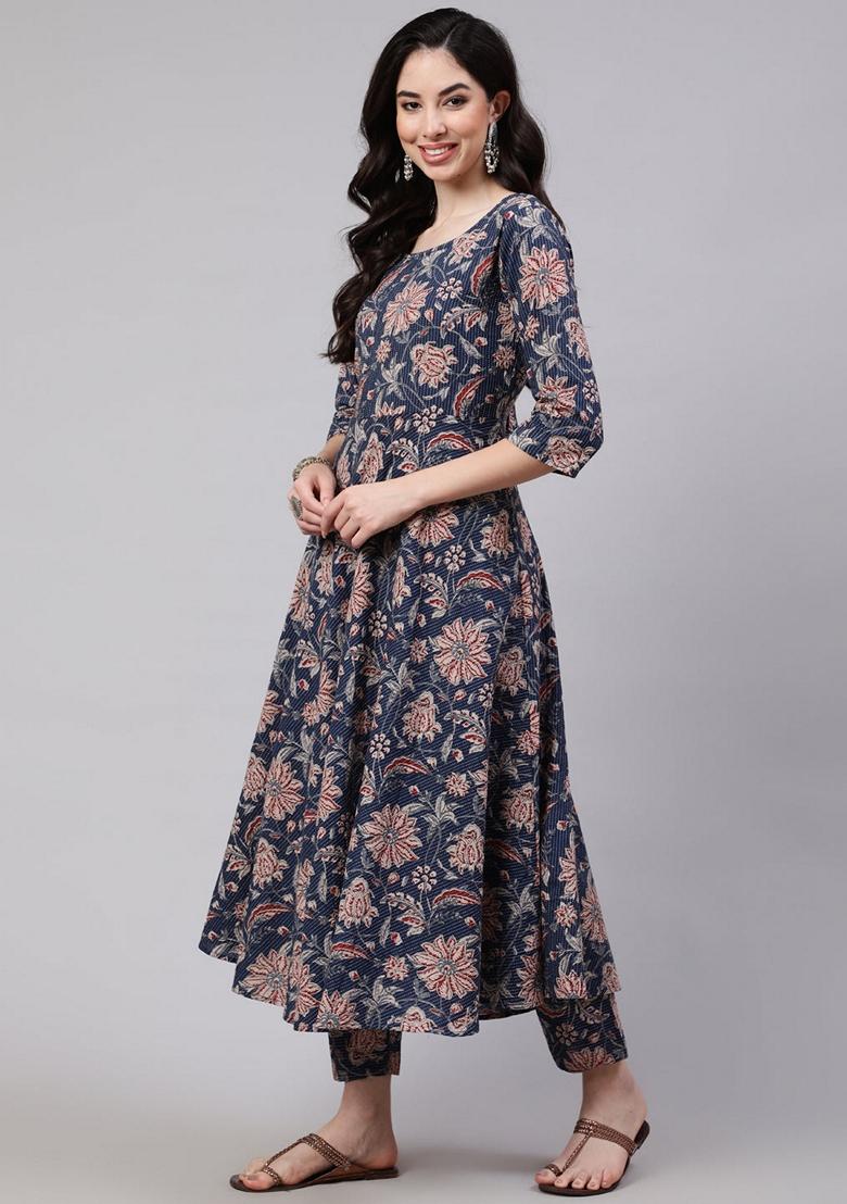 Blue Printed Cotton Salwar Kameez With Dupatta
