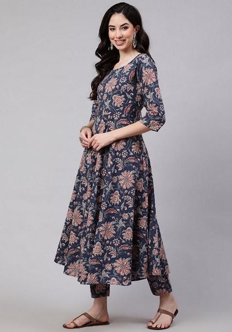 Blue Printed Cotton Salwar Kameez With Dupatta