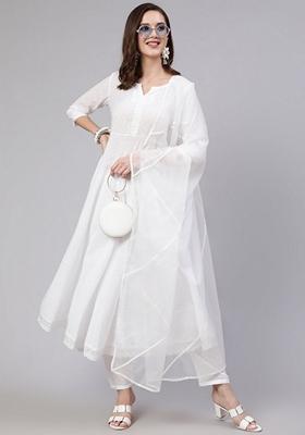 White Solid Cotton Salwar Kameez With Dupatta