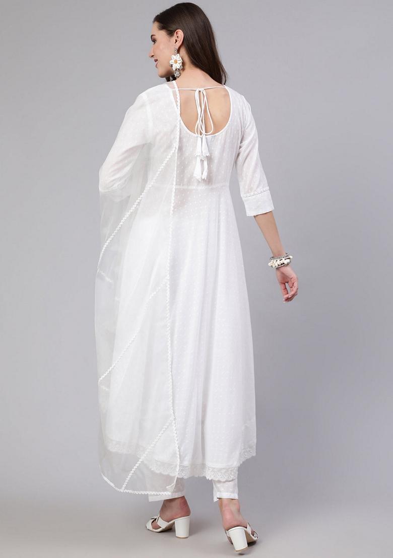 White Solid Cotton Salwar Kameez With Dupatta
