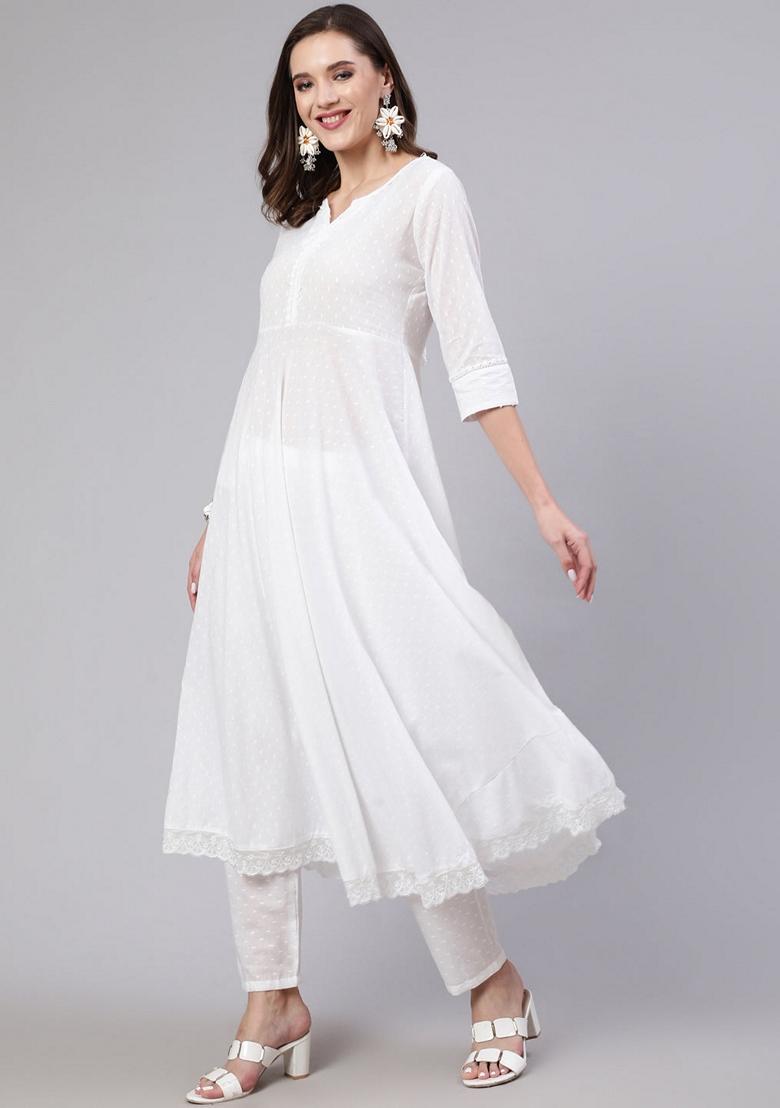White Solid Cotton Salwar Kameez With Dupatta