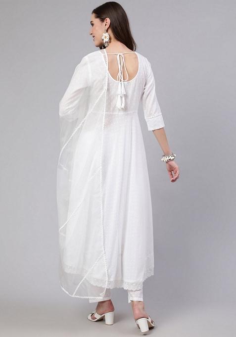 White Solid Cotton Salwar Kameez With Dupatta