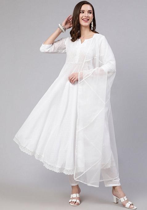 White Solid Cotton Salwar Kameez With Dupatta