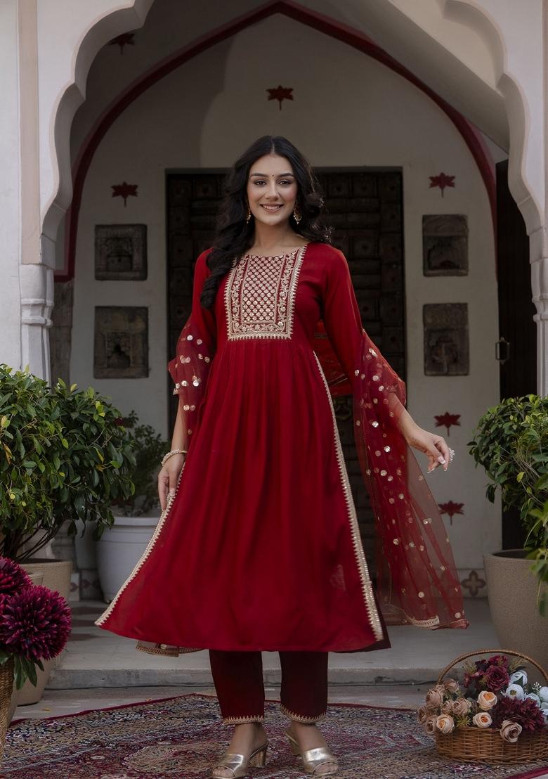 Maroon Embroidered Rayon Salwar Kameez With Dupatta