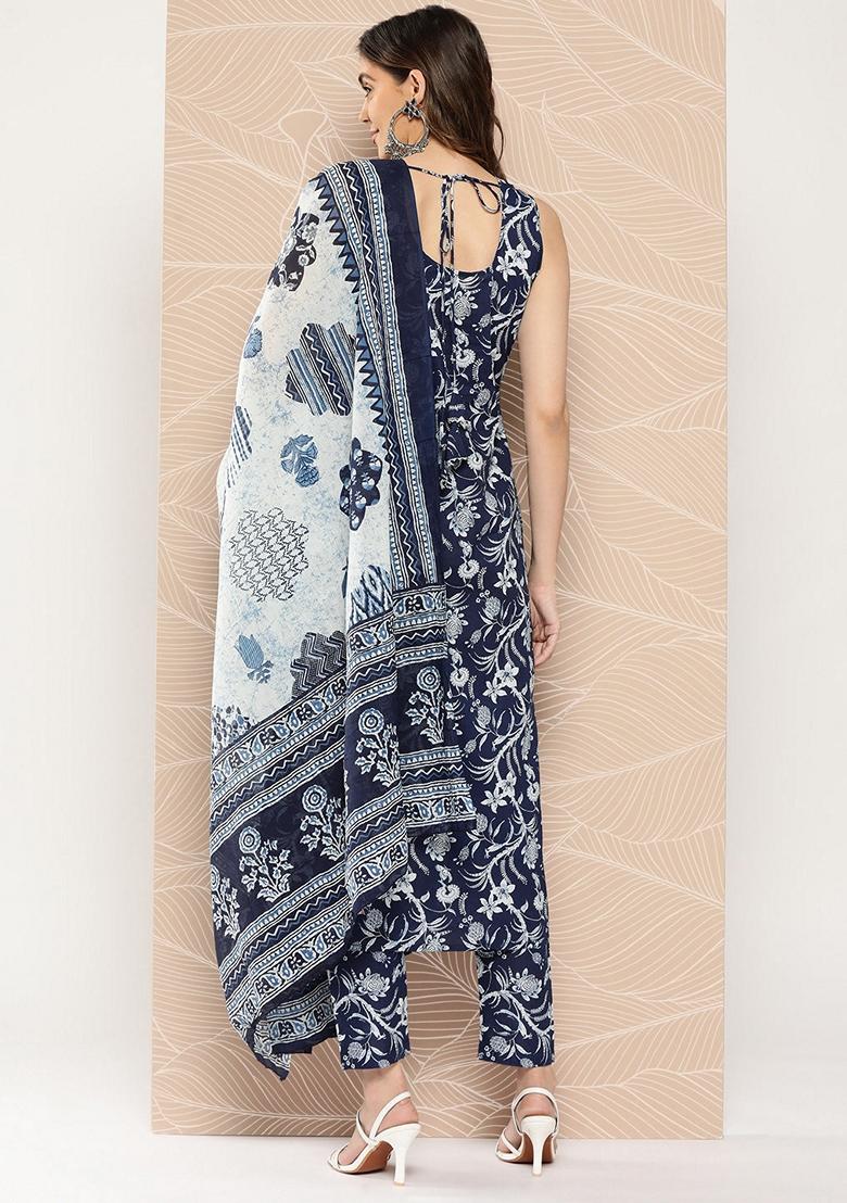 Blue Printed Pure Cotton Salwar Kameez With Dupatta