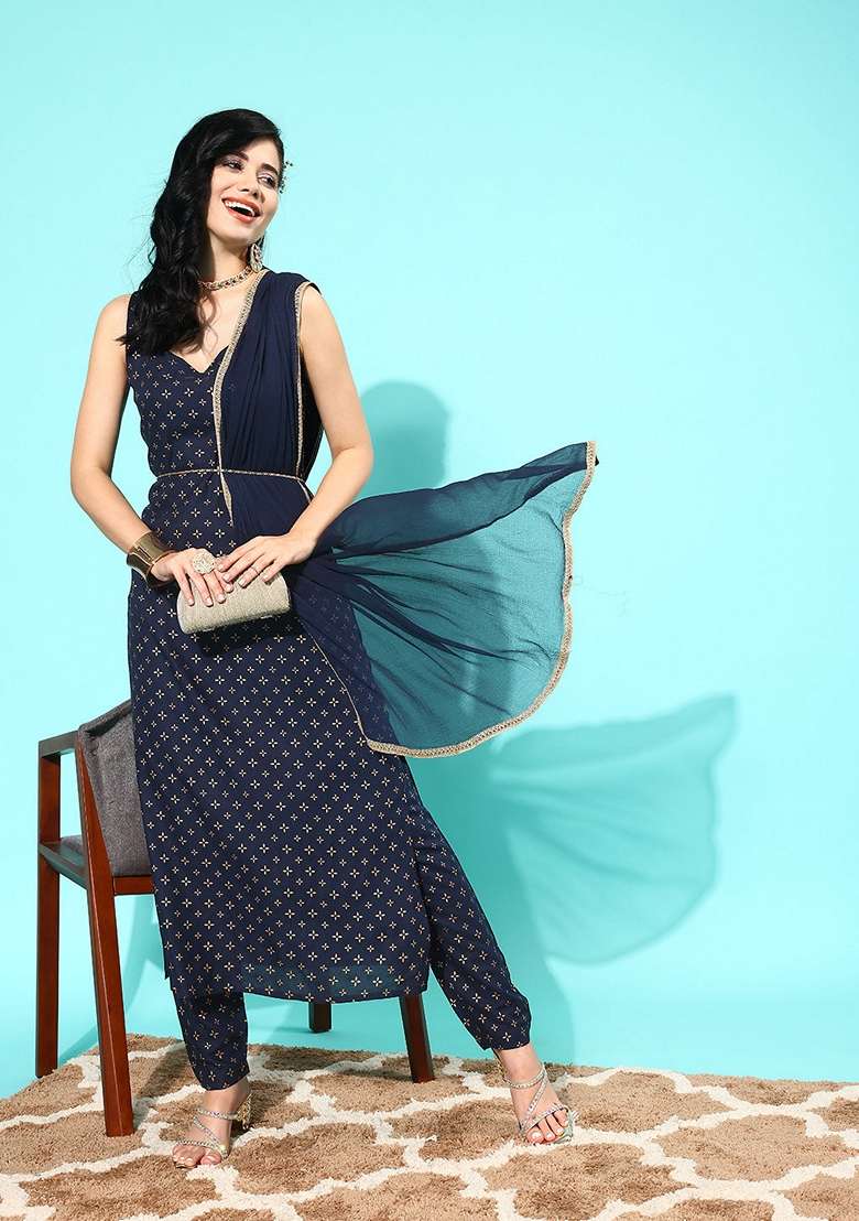 Navy Blue Printed Cotton Pakistani Suit Set - Indya