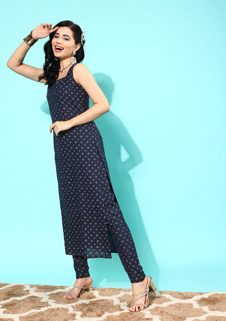 Navy Blue Printed Pure Cotton Salwar Kameez With Dupatta