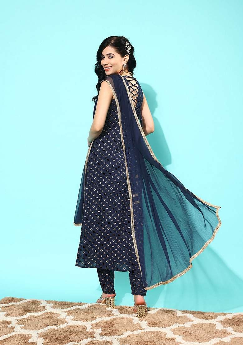 Navy Blue Printed Cotton Pakistani Suit Set - Indya