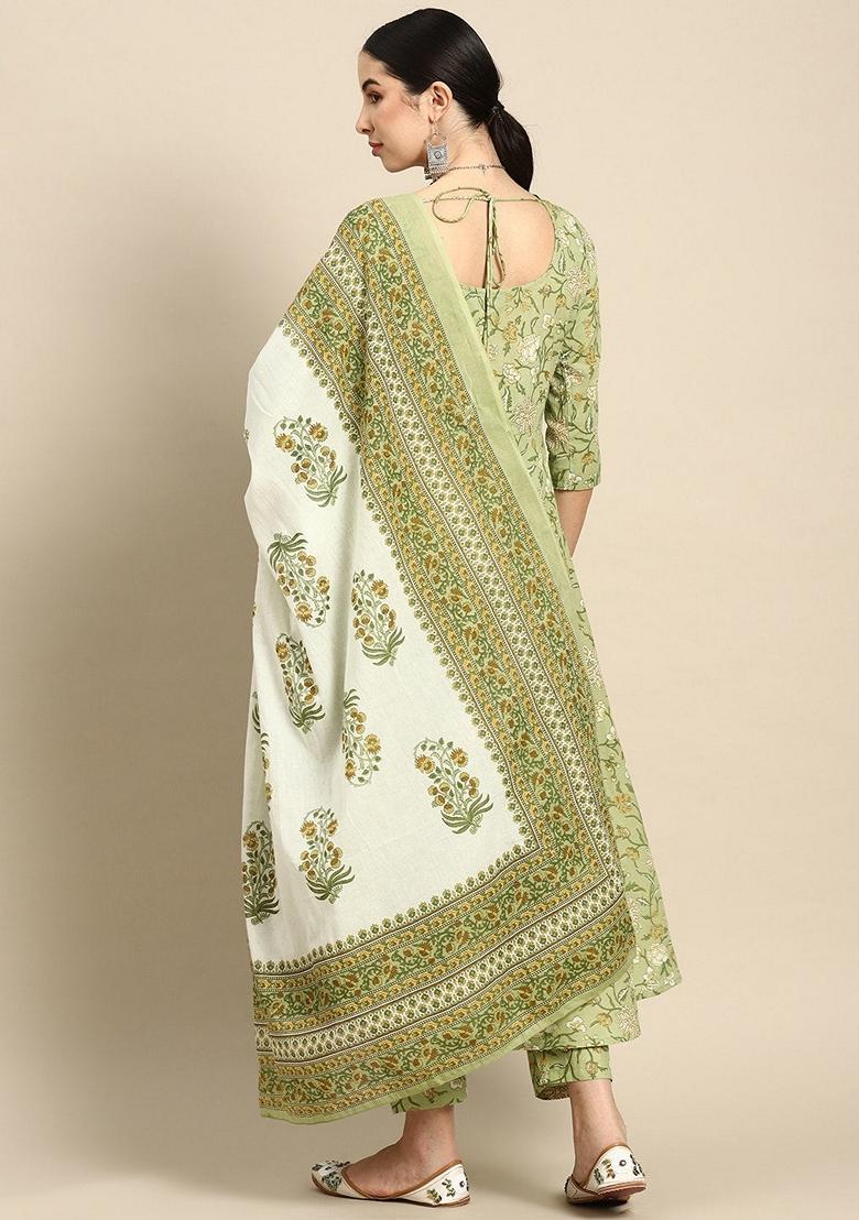 Green Printed Pure Cotton Salwar Kameez With Dupatta