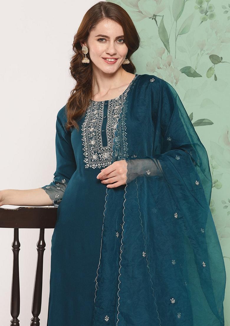 Teal Blue Embroidered Rayon Salwar Kameez With Dupatta
