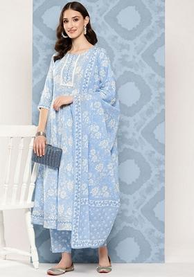 Blue Printed Pure Cotton Salwar Kameez With Dupatta
