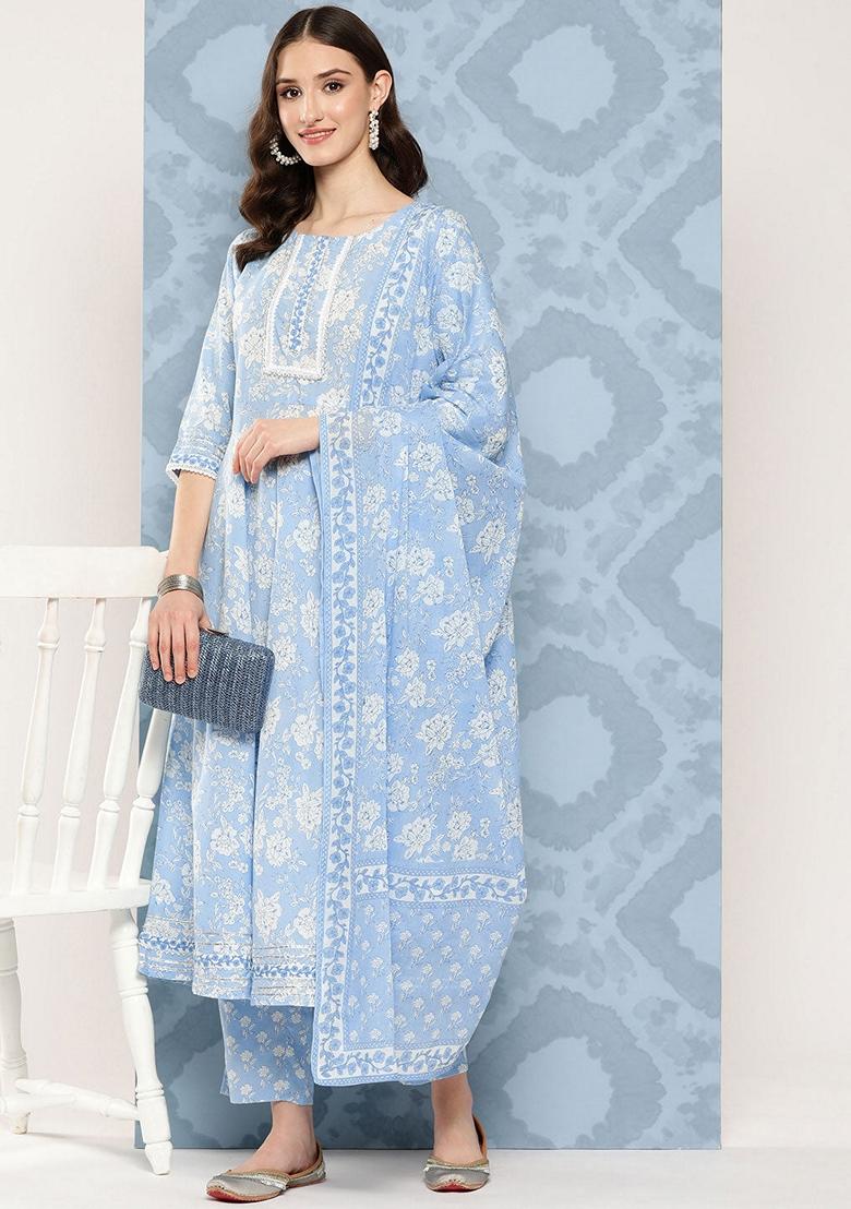 Blue Printed Pure Cotton Salwar Kameez With Dupatta