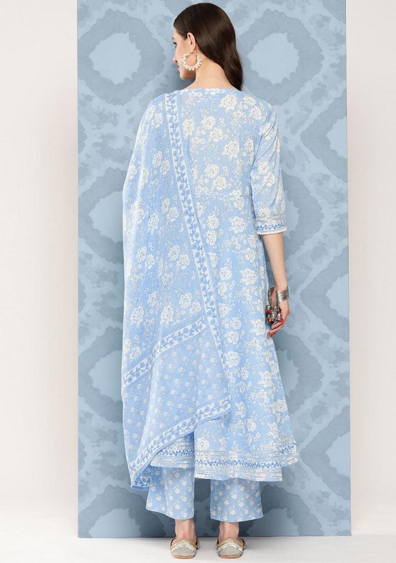 Blue Printed Pure Cotton Salwar Kameez With Dupatta