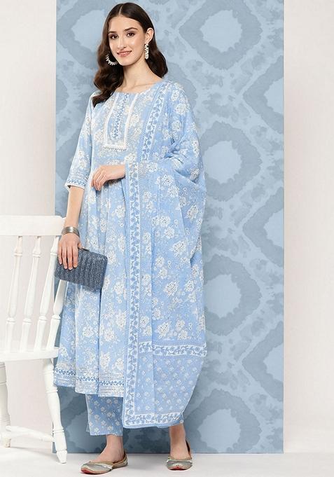 Blue Printed Pure Cotton Salwar Kameez With Dupatta