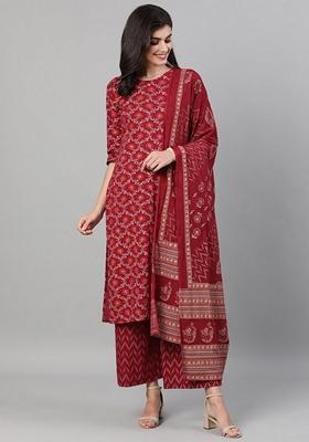 Burgundy Printed Pure Cotton Palazzo Set With Dupatta