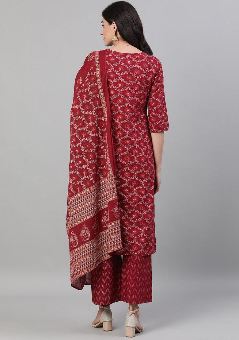 Burgundy Printed Pure Cotton Palazzo Set With Dupatta