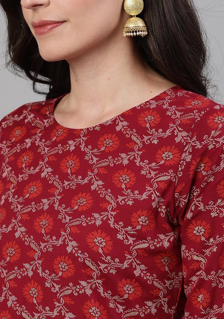 Burgundy Printed Pure Cotton Palazzo Set With Dupatta
