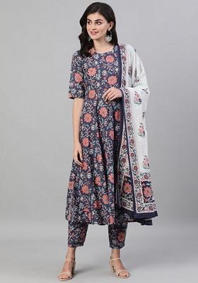Blue Printed Pure Cotton Palazzo Set With Dupatta