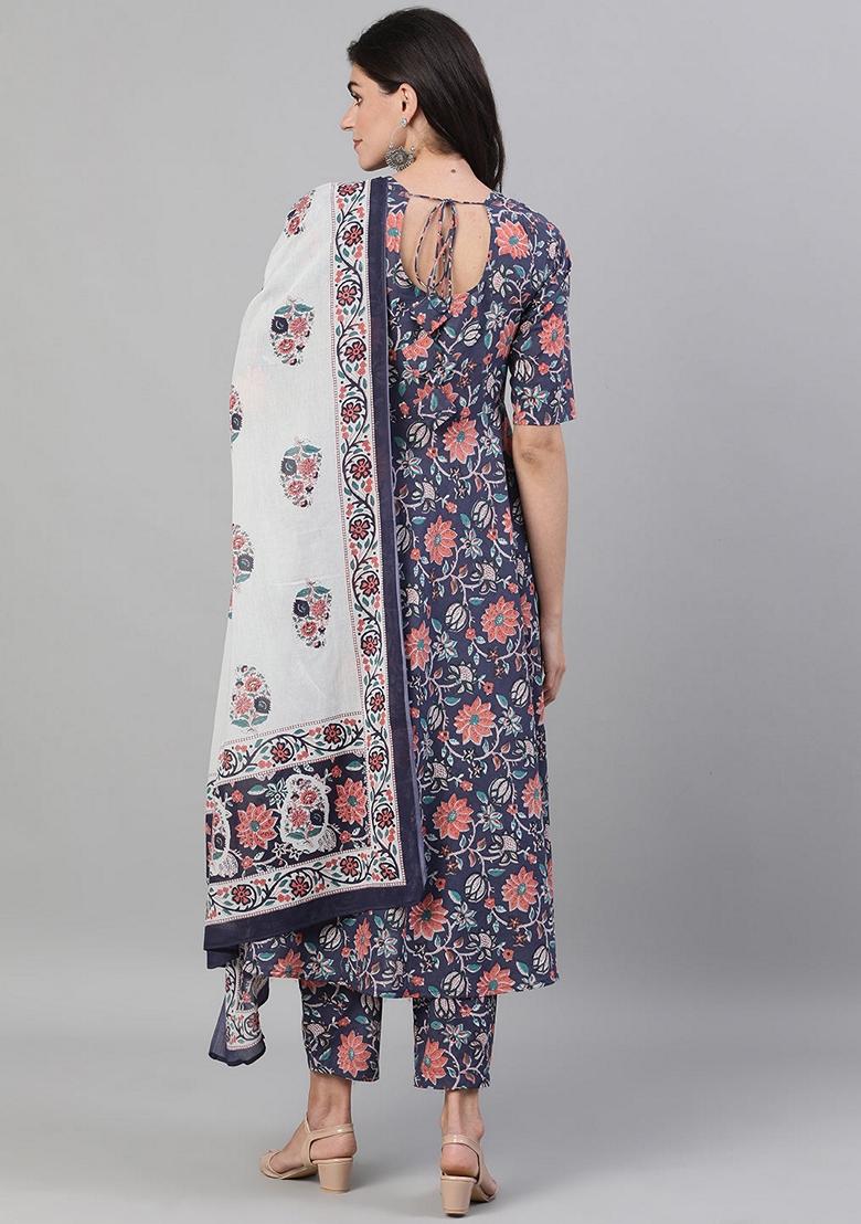 Blue Printed Pure Cotton Palazzo Set With Dupatta