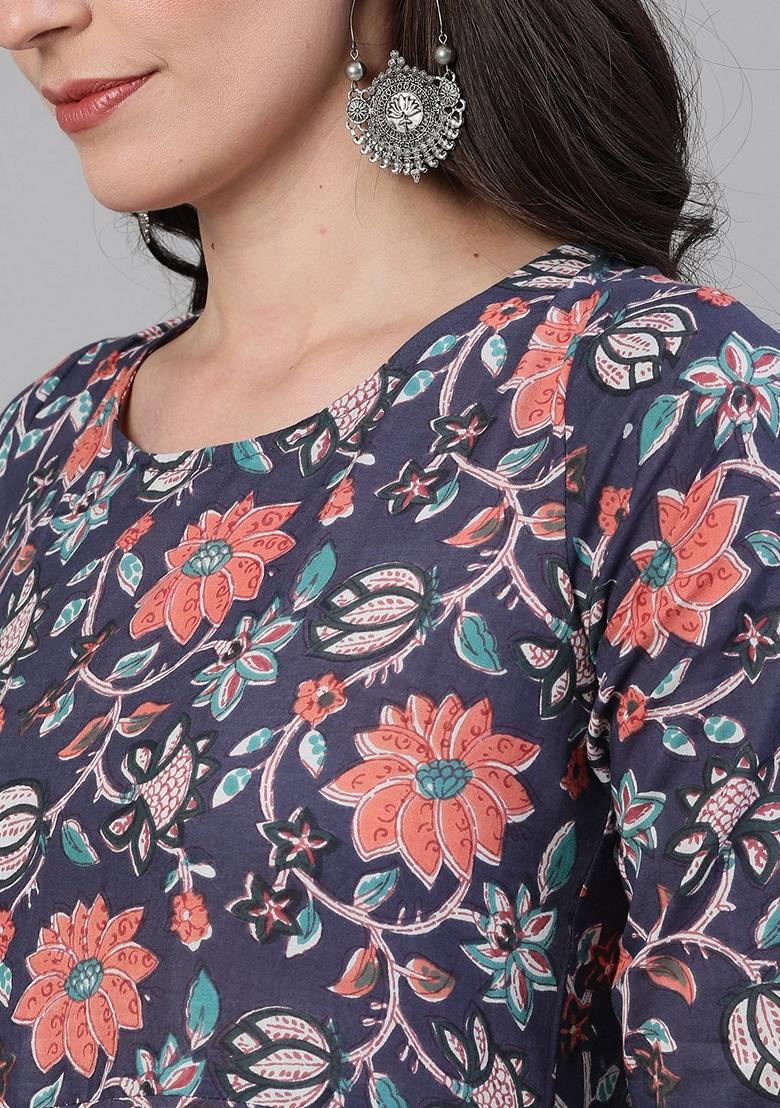 Blue Printed Pure Cotton Palazzo Set With Dupatta