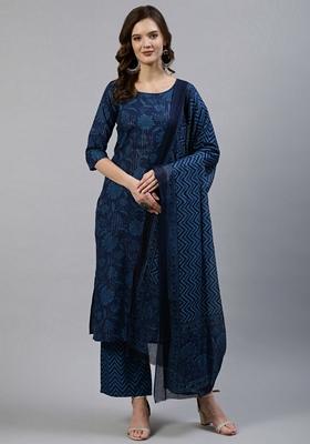 Indigo Blue Printed Pure Cotton Palazzo Set With Dupatta
