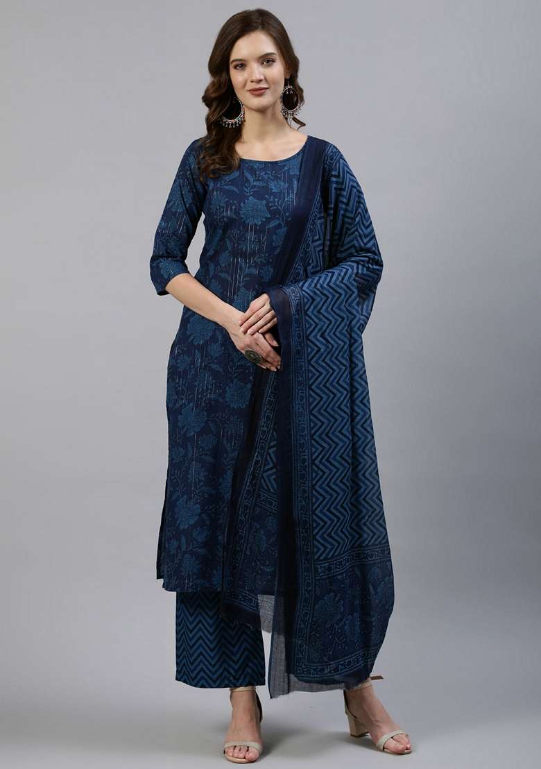 Indigo Blue Printed Cotton Straight Kurta Set - Indya
