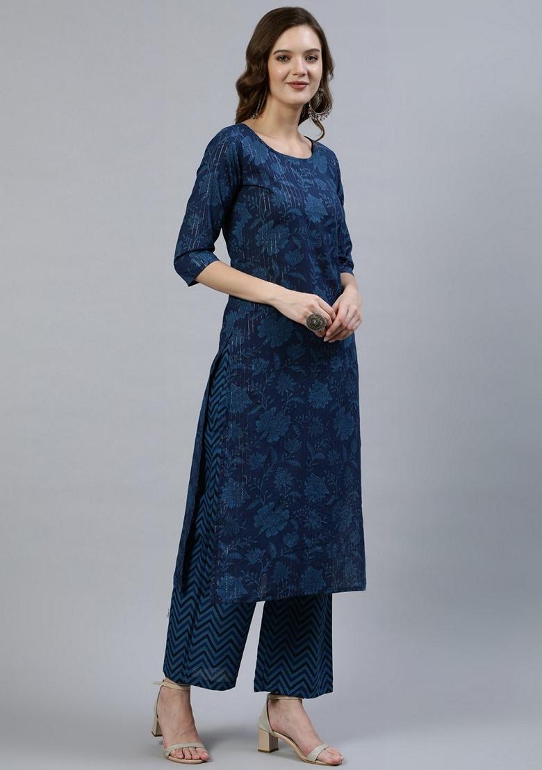 Indigo Blue Printed Pure Cotton Palazzo Set With Dupatta