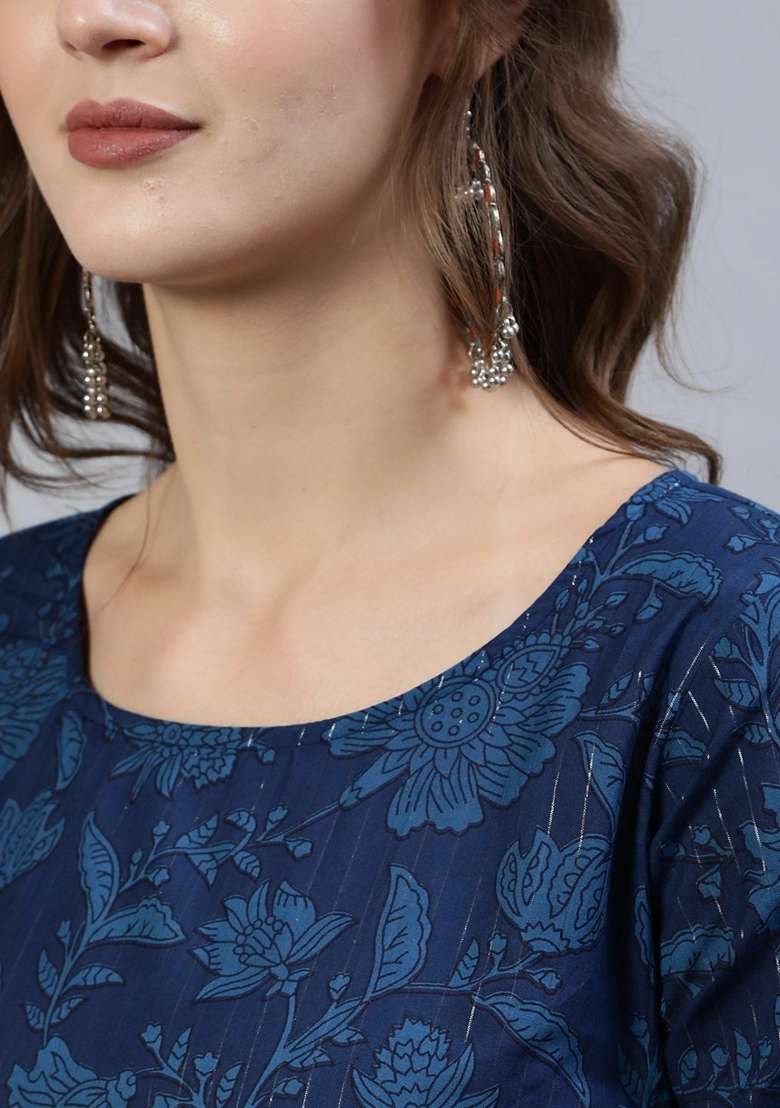 Indigo Blue Printed Cotton Straight Kurta Set - Indya