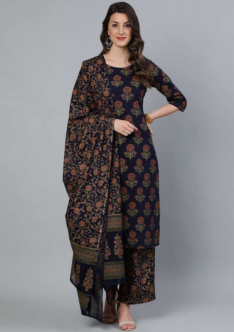 Blue Printed Cotton Straight Kurta Set - Indya
