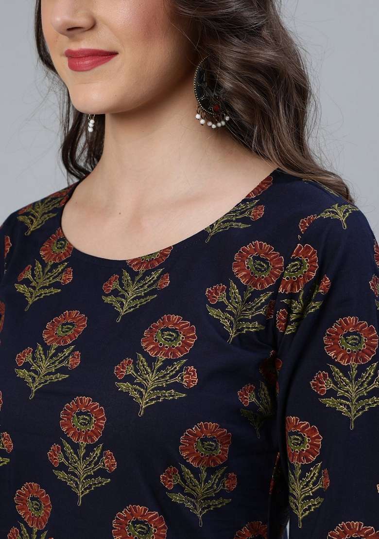 Blue Printed Cotton Straight Kurta Set - Indya