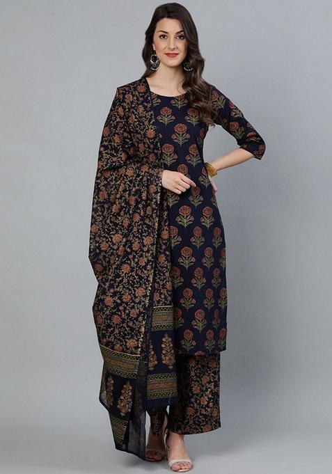 Blue Printed Pure Cotton Palazzo Set With Dupatta