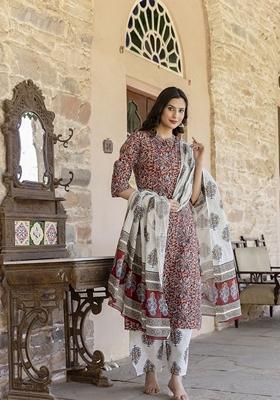 Maroon Printed Cotton Palazzo Set With Dupatta